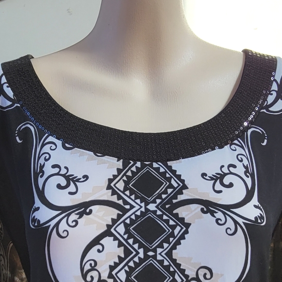 Sheer Sleeve Alfani Top Black White Flowy Dressy Sequin Neck Formal Blouse M - Picture 5 of 12